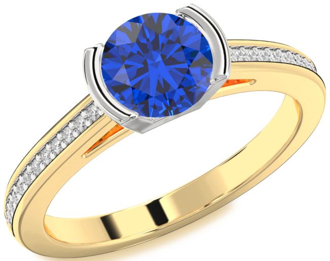 Diamond Blue Sapphire Gold Silver Round Solitaire Pave Engagement Ring