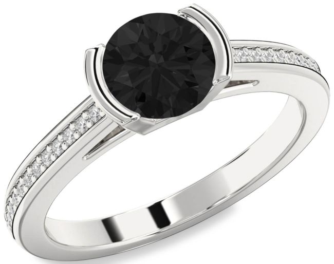 Black Diamond Silver Round Solitaire Pave Engagement Ring