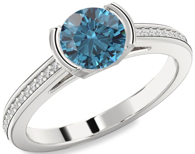 Blue Diamond Silver Round Solitaire Pave Engagement Ring