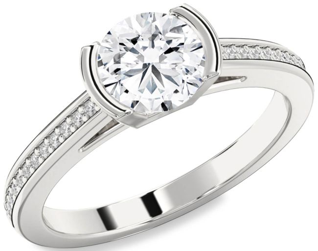 Diamond Silver Round Solitaire Pave Engagement Ring
