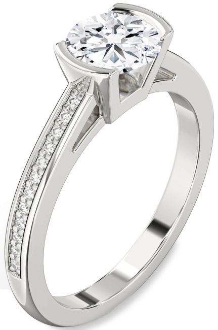 Lab Diamond Silver Round Solitaire Pave Engagement Ring