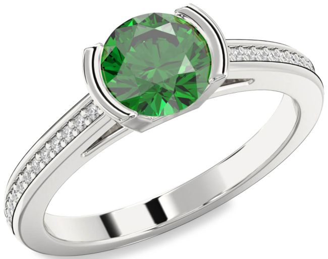 Diamond Emerald Silver Round Solitaire Pave Engagement Ring