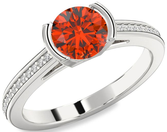 Diamond Fire Opal Silver Round Solitaire Pave Engagement Ring