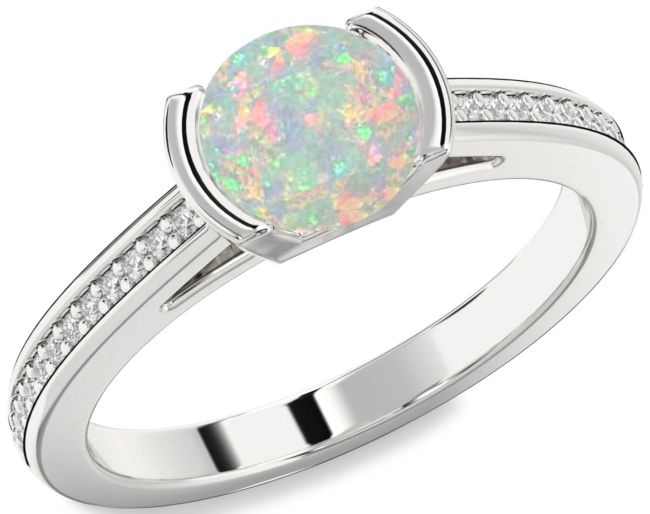 Diamond Opal Silver Round Solitaire Pave Engagement Ring
