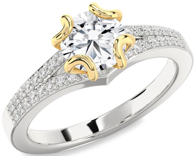 Diamond Silver & 10K gold Round Solitaire Pave Engagement Ring