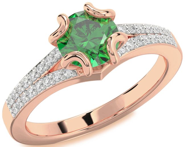Diamond Emerald Rose Gold Silver Round Solitaire Pave Engagement Ring