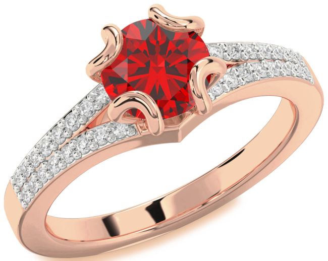Diamond Ruby Rose Gold Silver Round Solitaire Pave Engagement Ring