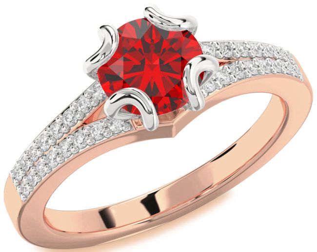 Diamond Ruby White Rose Gold Round Solitaire Pave Engagement Ring