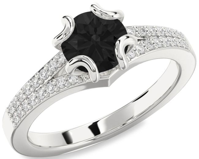 Black Diamond Silver Round Solitaire Pave Engagement Ring