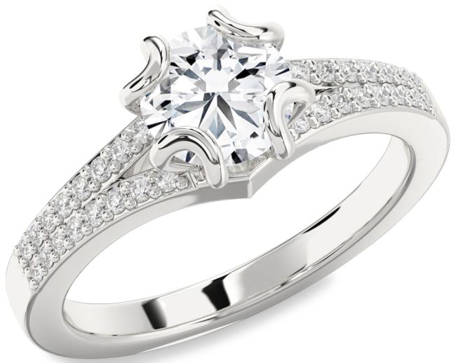 Diamond Silver Round Solitaire Pave Engagement Ring