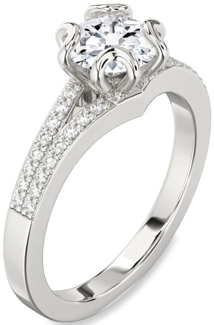 Lab Diamond Silver Round Solitaire Pave Engagement Ring