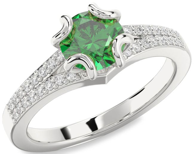 Diamond Emerald White Gold Round Solitaire Pave Engagement Ring