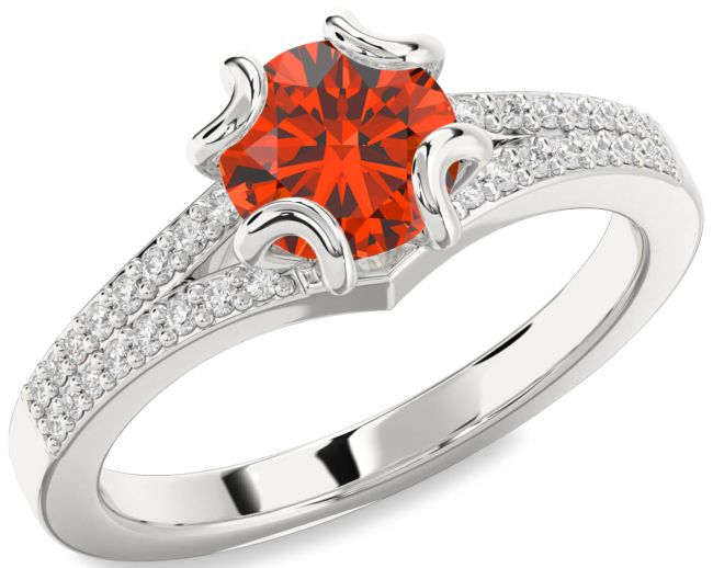 Diamond Fire Opal Silver Round Solitaire Pave Engagement Ring