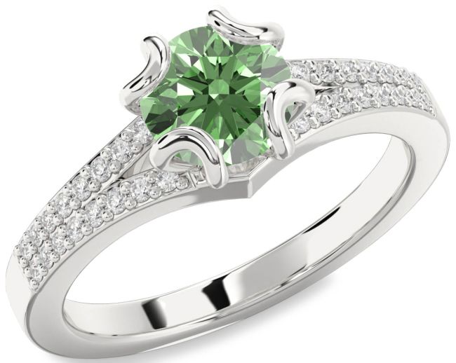 Green Diamond Silver Round Solitaire Pave Engagement Ring