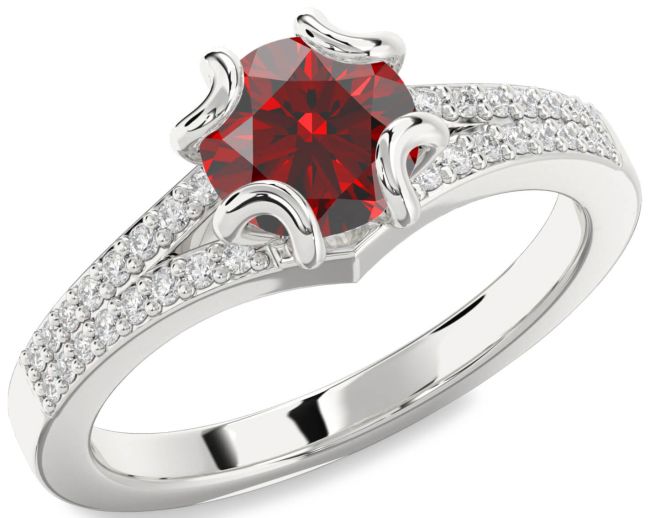 Diamond Garnet Silver Round Solitaire Pave Engagement Ring
