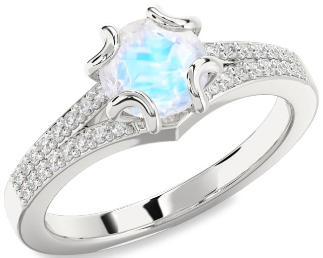 Diamond Moonstone Silver Round Solitaire Pave Engagement Ring