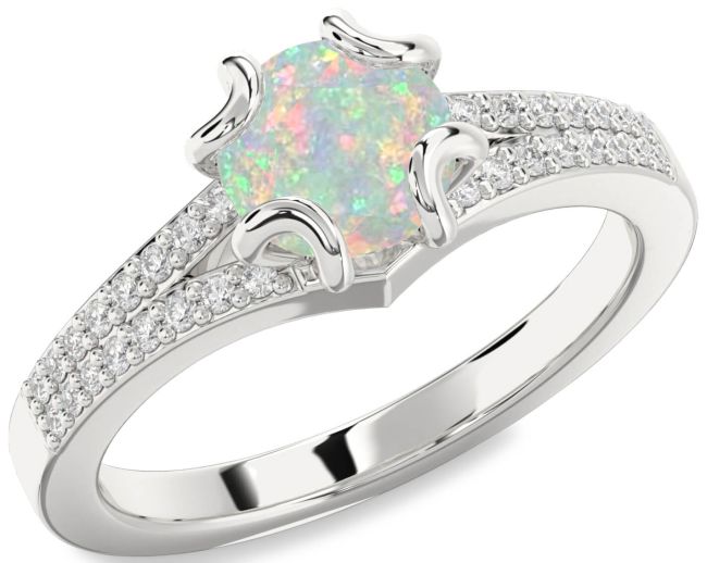 Diamond Opal Silver Round Solitaire Pave Engagement Ring