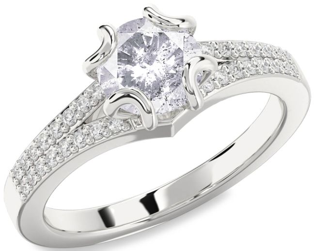 Salt & Pepper Diamond Silver Round Solitaire Pave Engagement Ring