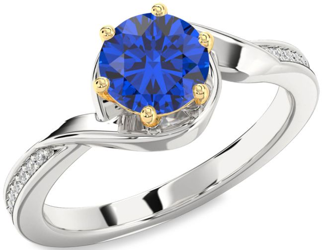 Diamond Blue Sapphire Silver & 10K gold Round Solitaire Engagement Ring