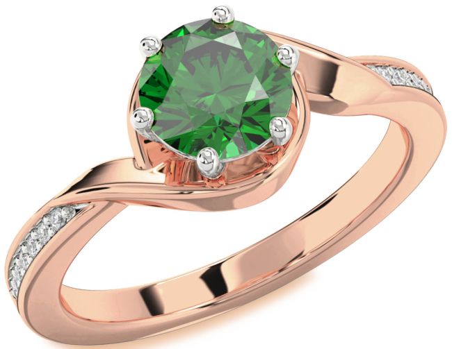 Diamond Emerald Rose Gold Silver Round Solitaire Engagement Ring
