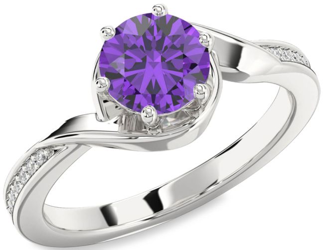 Diamond Amethyst Silver Round Solitaire Engagement Ring