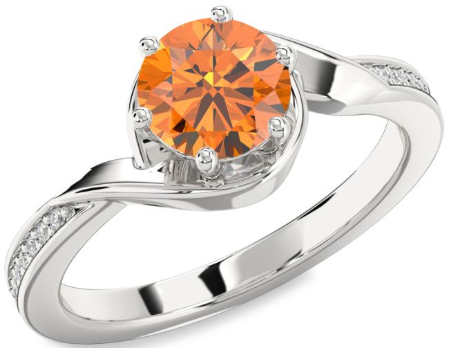 Diamond Citrine Silver Round Solitaire Engagement Ring