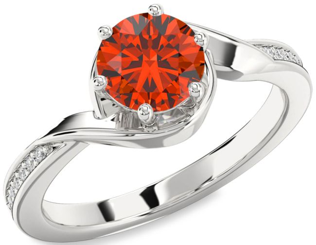 Diamond Fire Opal Silver Round Solitaire Engagement Ring