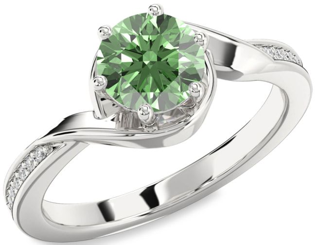 Green Diamond Silver Round Solitaire Engagement Ring