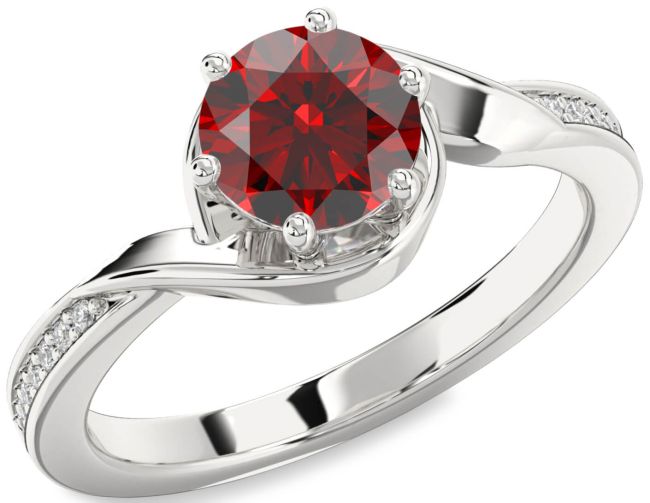 Diamond Garnet Silver Round Solitaire Engagement Ring