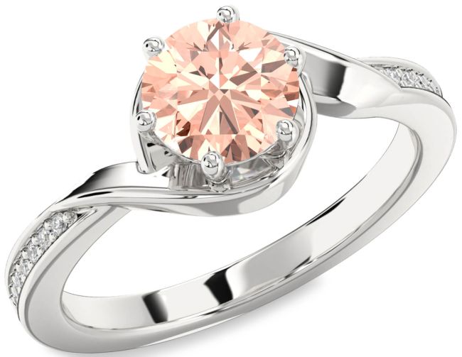 Diamond Morganite Silver Round Solitaire Engagement Ring