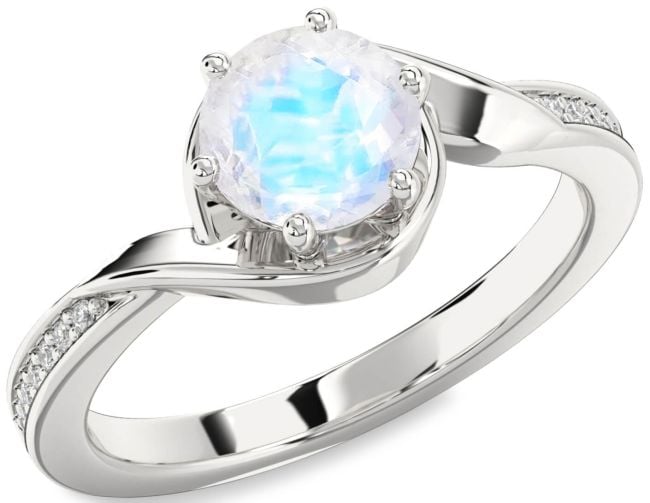 Diamond Moonstone Silver Round Solitaire Engagement Ring