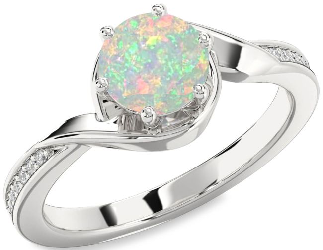 Diamond Opal Silver Round Solitaire Engagement Ring