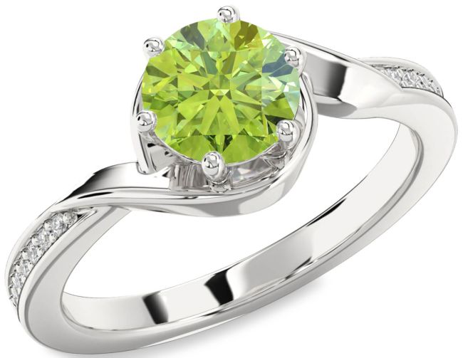 Diamond Peridot Silver Round Solitaire Engagement Ring