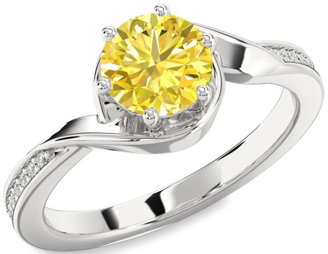 Yellow Diamond Silver Round Solitaire Engagement Ring