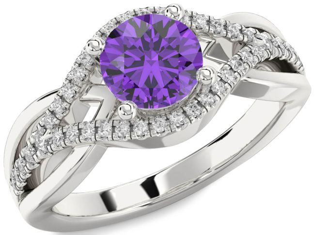 Diamond Amethyst Silver Round Solitaire Engagement Ring