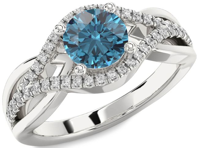Blue Diamond Silver Round Solitaire Engagement Ring