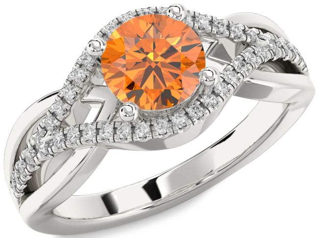 Diamond Citrine Silver Round Solitaire Engagement Ring