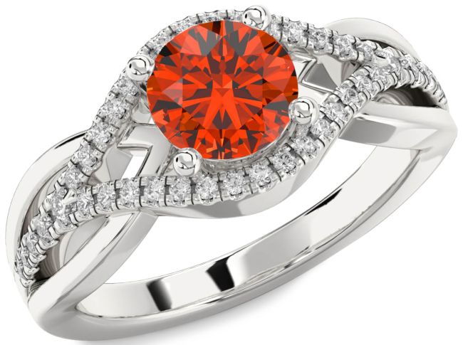 Diamond Fire Opal Silver Round Solitaire Engagement Ring
