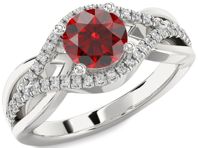 Diamond Garnet Silver Round Solitaire Engagement Ring