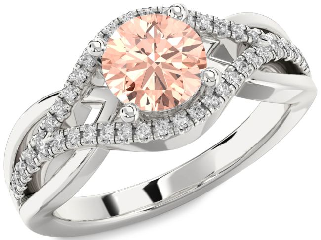 Diamond Morganite Silver Round Solitaire Engagement Ring