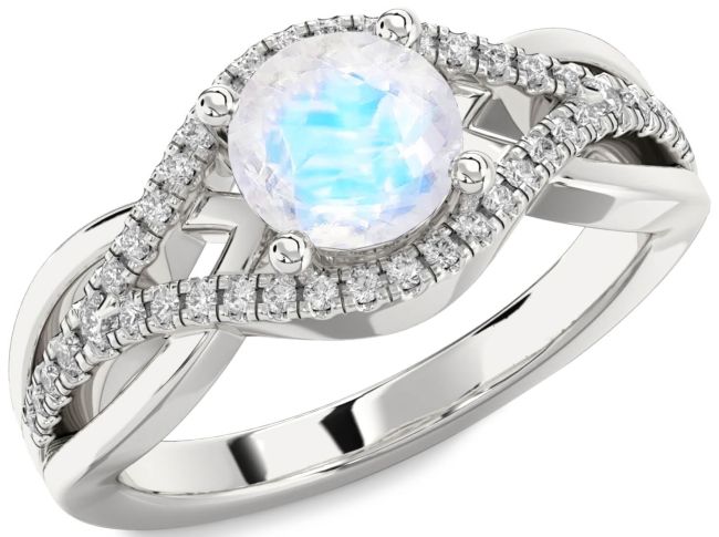 Diamond Moonstone Silver Round Solitaire Engagement Ring