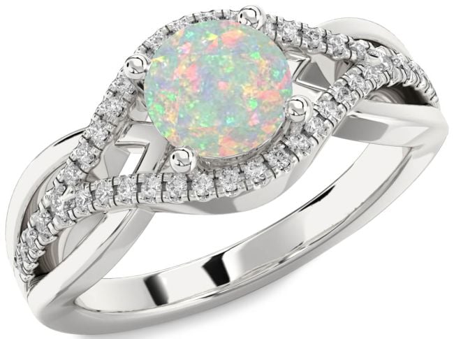 Diamond Opal Silver Round Solitaire Engagement Ring