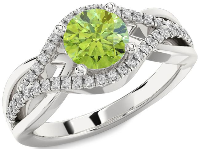 Diamond Peridot Silver Round Solitaire Engagement Ring