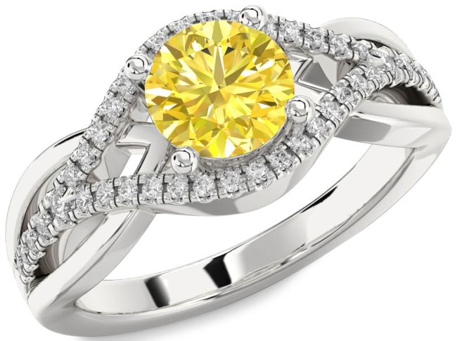 Yellow Diamond Silver Round Solitaire Engagement Ring