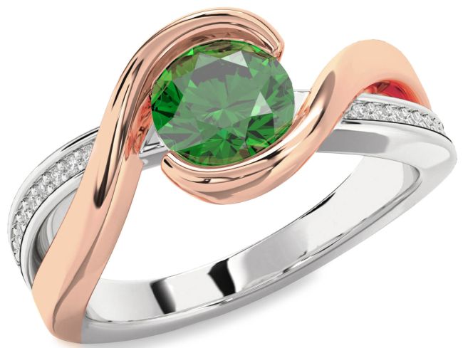 Diamond Emerald Platinum & Rose Gold Round Solitaire Engagement Ring