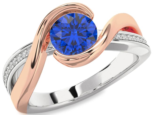 Diamond Blue Sapphire White Rose Gold Round Solitaire Engagement Ring