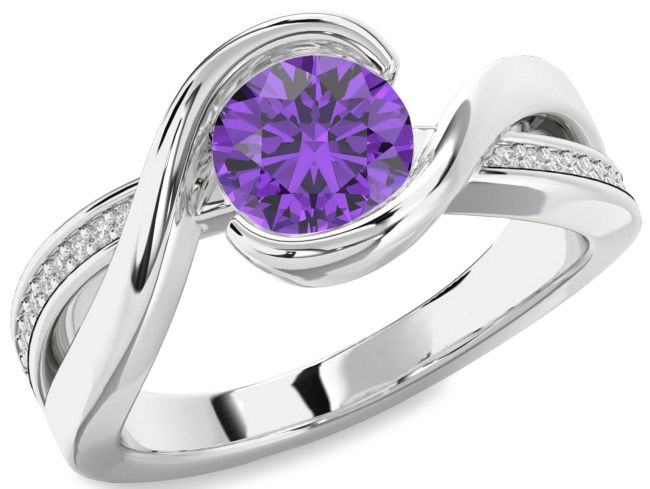 Diamond Amethyst Silver Round Solitaire Engagement Ring