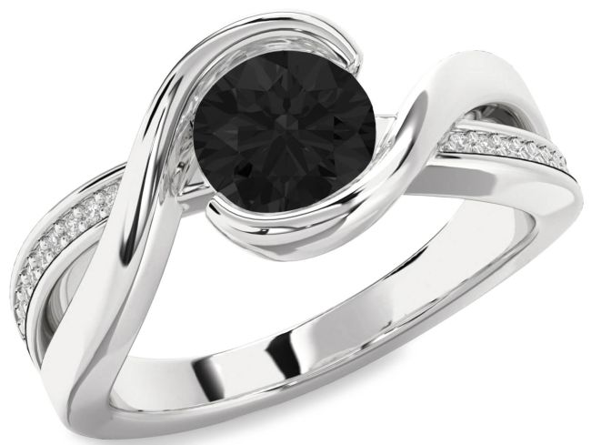Black Diamond Silver Round Solitaire Engagement Ring