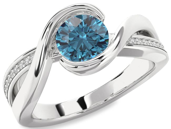 Blue Diamond Silver Round Solitaire Engagement Ring