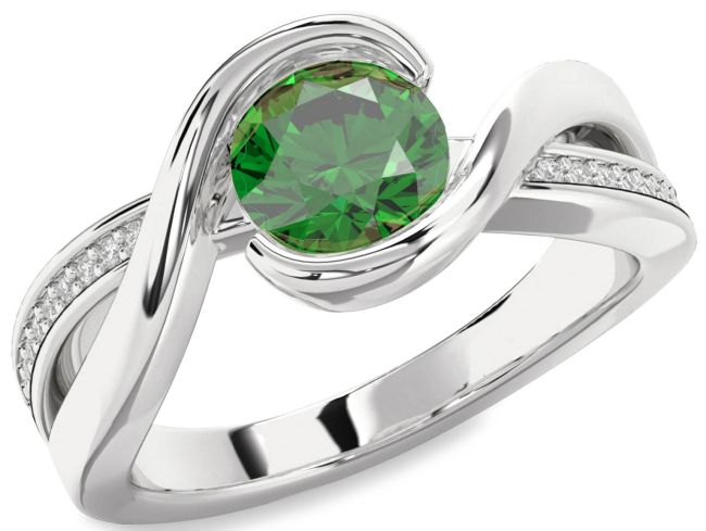 Diamond Emerald Platinum Round Solitaire Engagement Ring